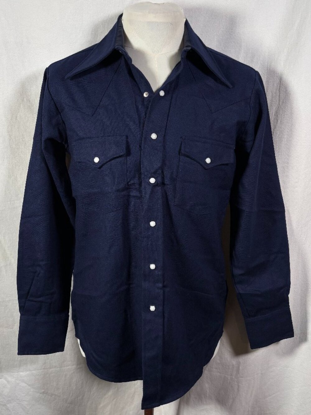 Vintage 70s Marlboro Western Wool Pearl Snap Cowboy Shirt Navy M